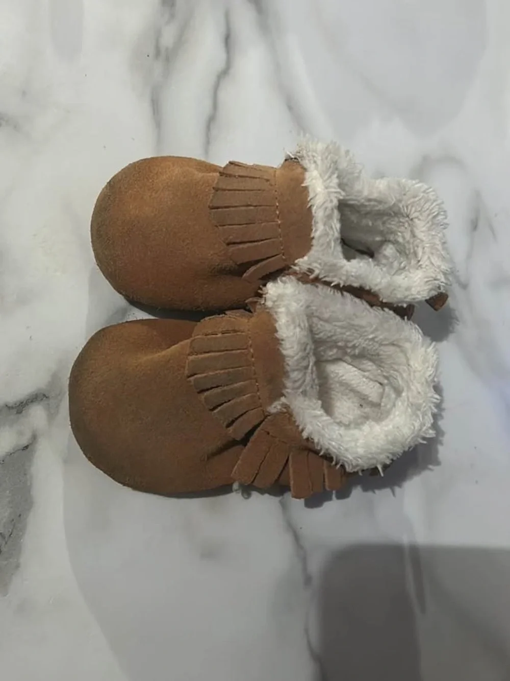 Brown Suede Baby Moccasins with Faux Fur Trim